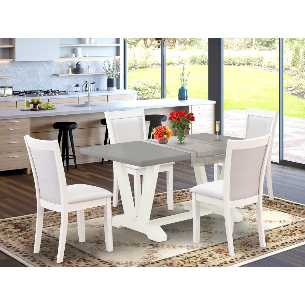 East West Furniture 5-Piece Dining Room Table Set Includes a Wood Dining Table and 4 Cream Linen Fabric Upholstered Chairs with Stylish Back - Wire Brushed Linen White Finish. Picture 1