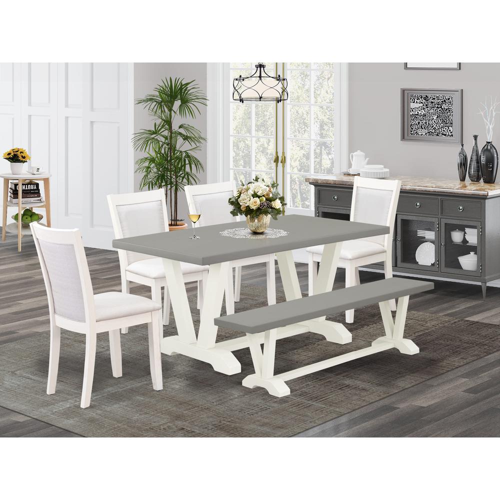 East West Furniture 6-Piece Dining Table Set Includes a Wood Dining Table - 4 Cream Linen Fabric Upholstered Chairs with Stylish Back and a Small Bench - Wire Brushed Linen White Finish. Picture 1