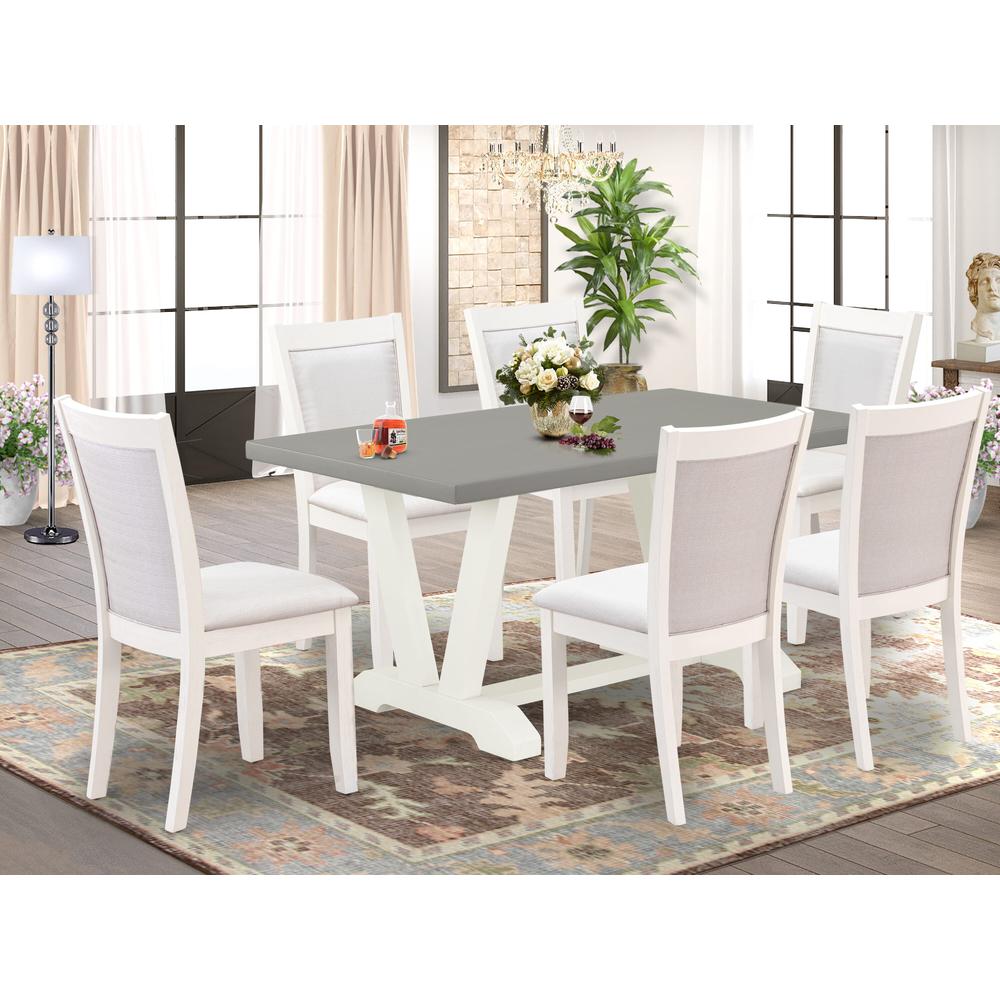 East West Furniture 7-Piece Dining Table Set Includes a Rectangular Dining Table and 6 Cream Linen Fabric Kitchen Chairs with Stylish Back - Wire Brushed Linen White Finish. Picture 1
