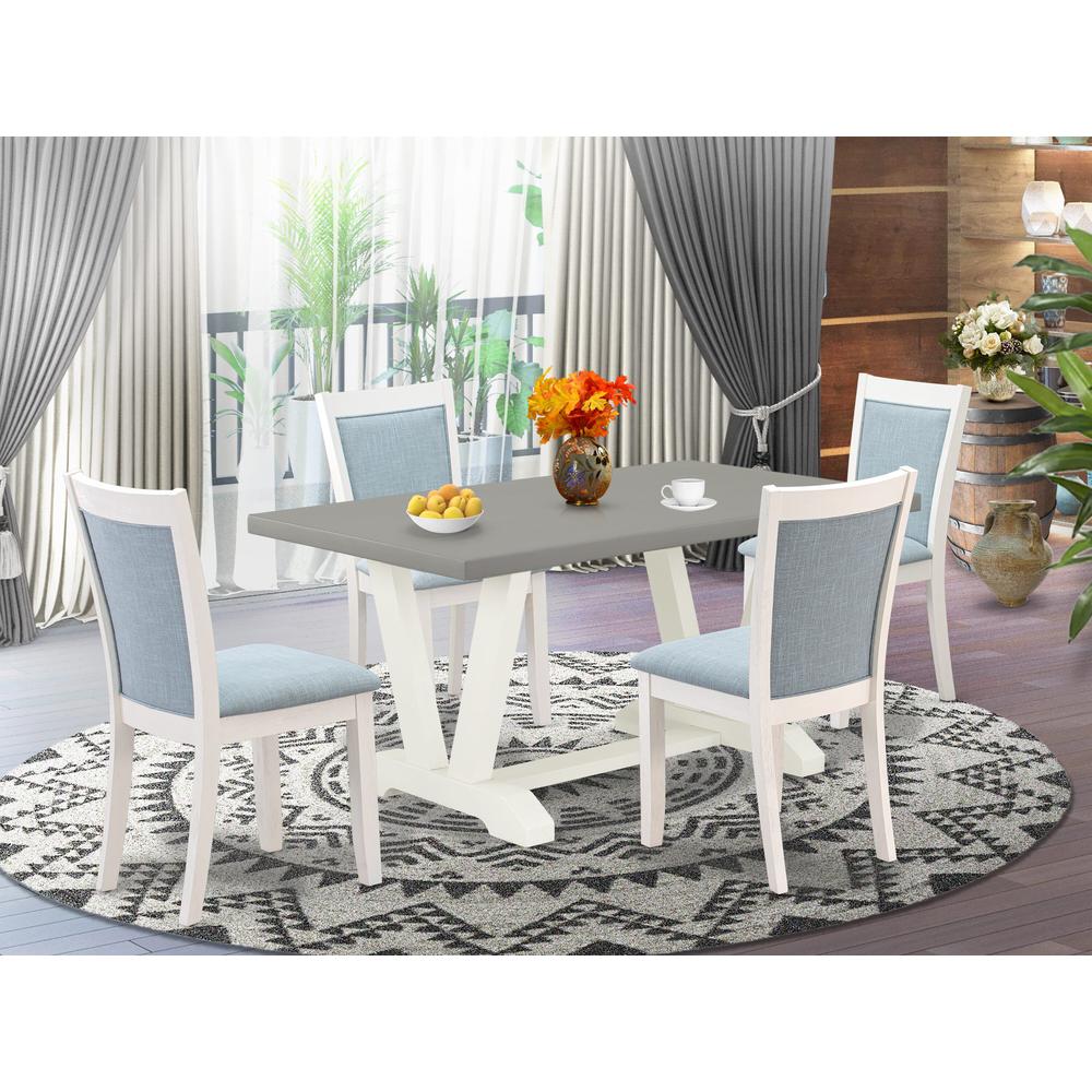 East West Furniture 5-Piece Dinner Table Set Includes a Kitchen Table and 4 Baby Blue Linen Fabric Dining Chairs with Stylish Back - Wire Brushed Linen White Finish. Picture 1