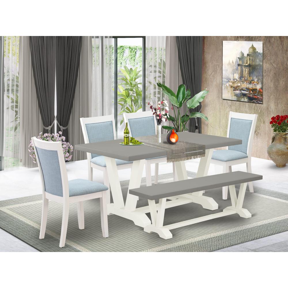 East West Furniture 6-Piece Dinner Table Set Includes a Modern Table - 4 Baby Blue Linen Fabric Dining Chairs with Stylish Back and a Small Bench - Wire Brushed Linen White Finish. Picture 1