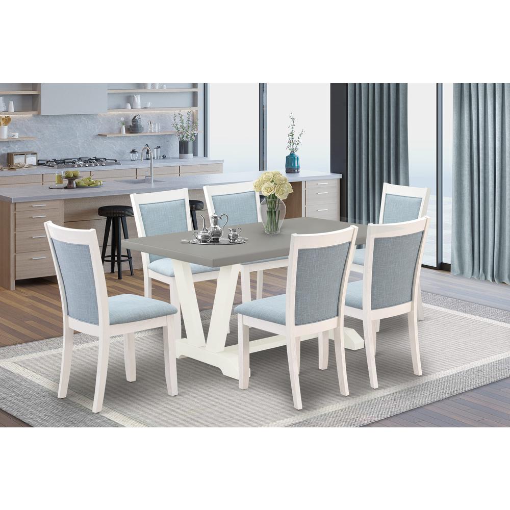 East West Furniture 7-Piece Dinette Set Includes a Modern Dining Table and 6 Baby Blue Linen Fabric Parsons Chairs with Stylish Back - Wire Brushed Linen White Finish. Picture 1