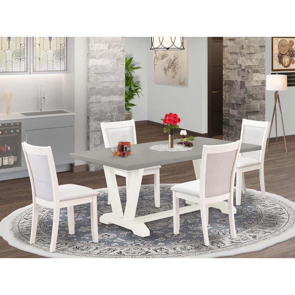 East West Furniture 5-Pc Dinette Set Consists of a Mid Century Table and 4 Cream Linen Fabric Dining Chairs with Stylish Back - Wire Brushed Linen White Finish. Picture 1