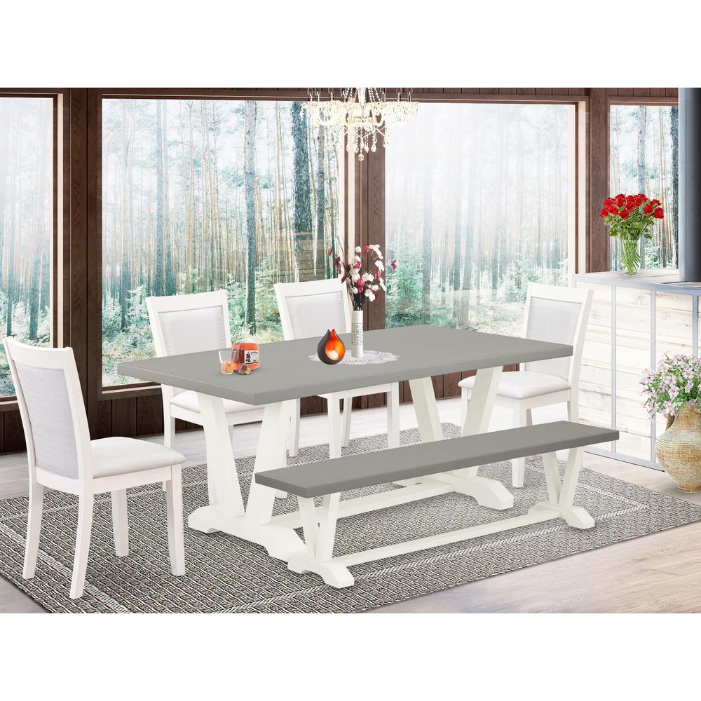 East West Furniture 6-Pc Dinette Set Consists of a Wooden Table - 4 Cream Linen Fabric Parson Chairs with Stylish Back and a Wooden Bench - Wire Brushed Linen White Finish. Picture 1