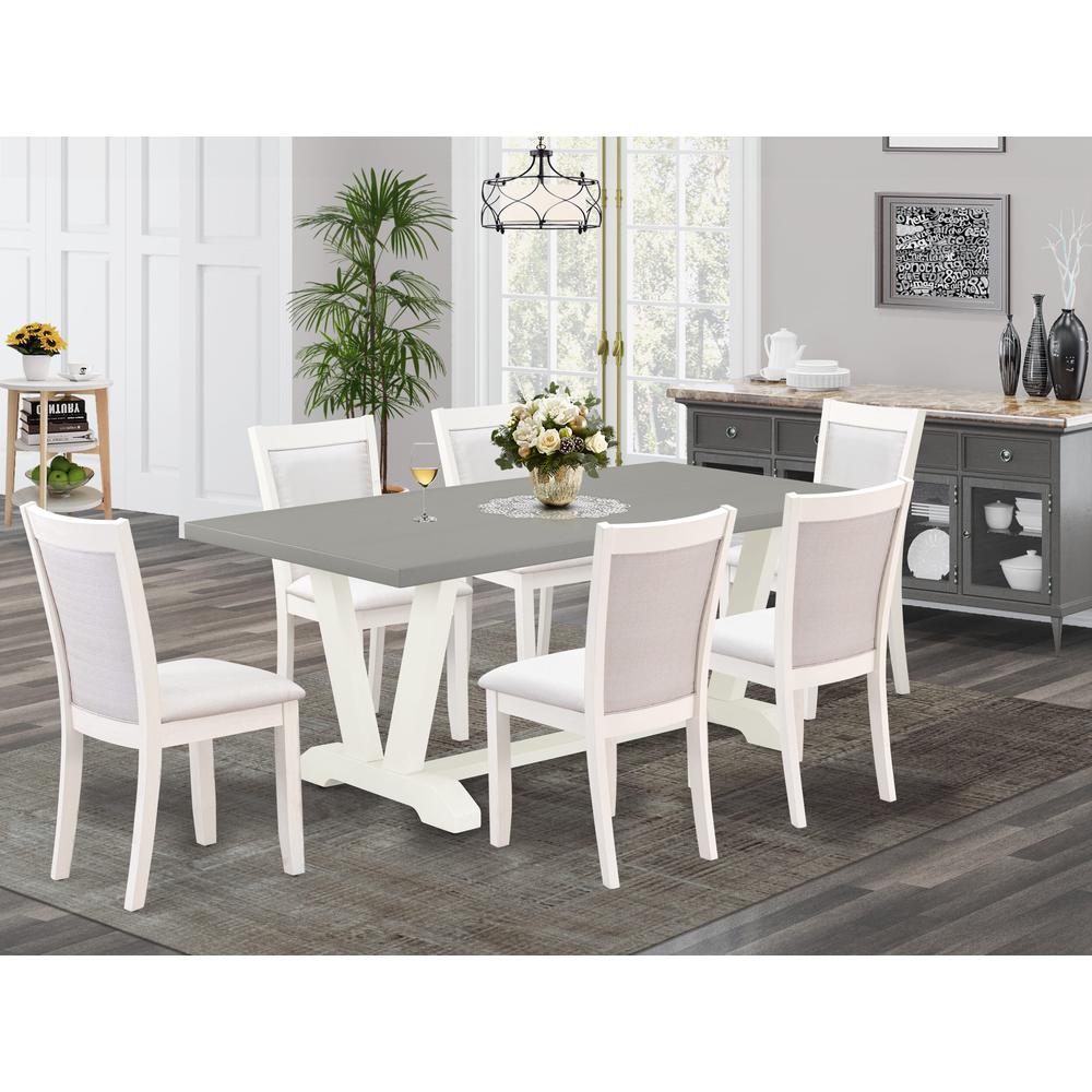 East West Furniture 7-Pc Dining Set Consists of a Dining Room Table and 6 Cream Linen Fabric Dining Room Chairs with Stylish Back - Wire Brushed Linen White Finish. Picture 1