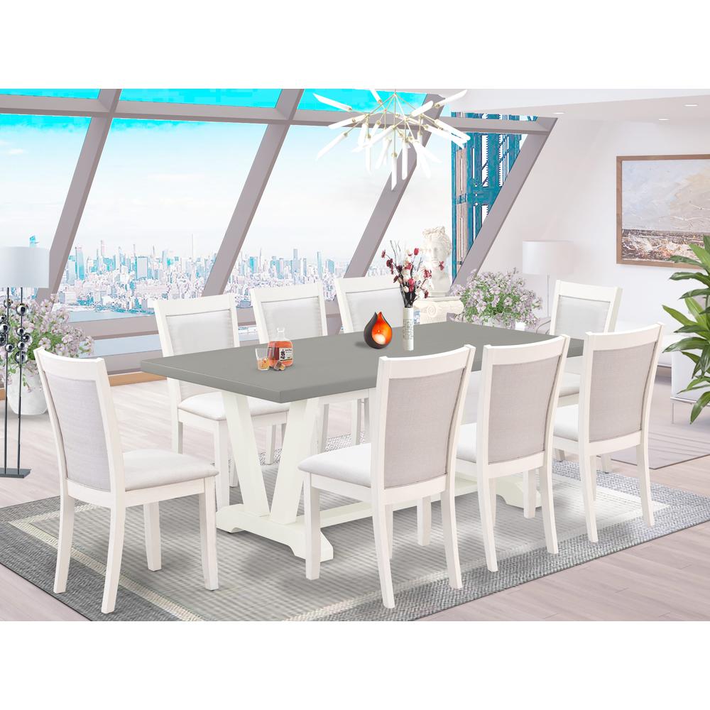 East West Furniture 9-Pc Modern Dining Table Set Consists of a Rectangular Table and 8 Cream Linen Fabric Dining Room Chairs with Stylish Back - Wire Brushed Linen White Finish. Picture 1