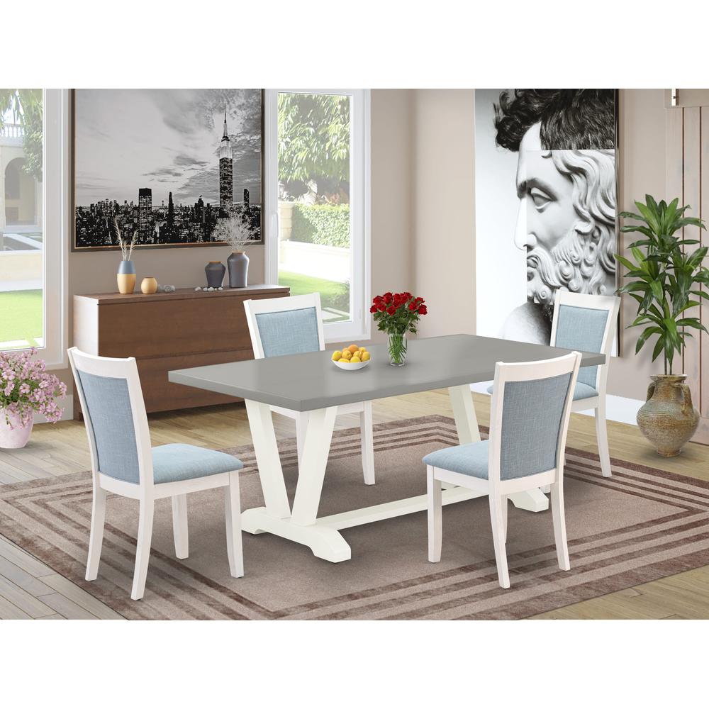 East West Furniture 5-Pc Dinner Dining Room Table Set Consists of a Wood Dining Table and 4 Baby Blue Linen Fabric Dining Room Chairs with Stylish Back - Wire Brushed Linen White Finish. Picture 1