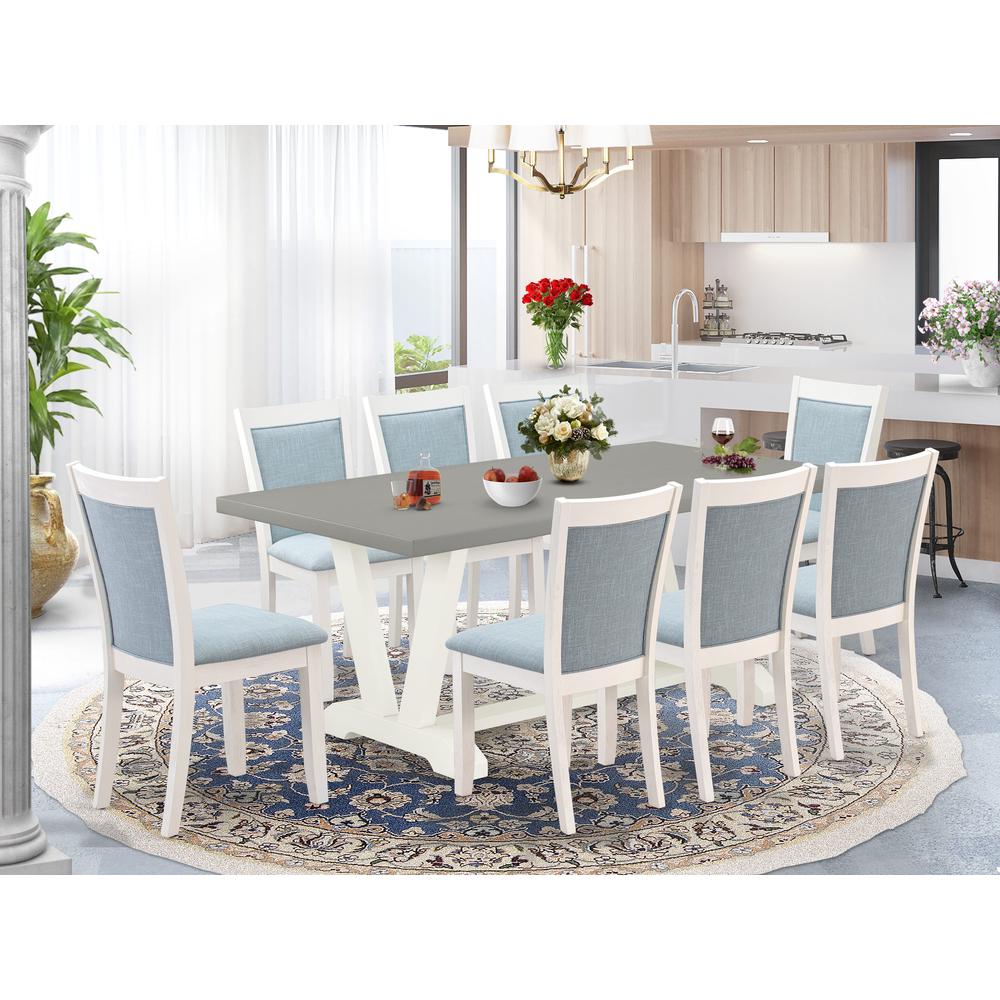 East West Furniture 9-Pc Kitchen Table Set Consists of a Dining Table and 8 Baby Blue Linen Fabric Dining Room Chairs with Stylish Back - Wire Brushed Linen White Finish. Picture 1
