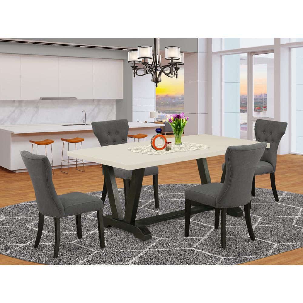 V626GA650-5 5-Pc Dining Table Set Included 4 Parson chairs Upholstered Seat and High Button Tufted Chair Back and Rectangular Table with Linen White Dining Table top (Black Finish). Picture 1
