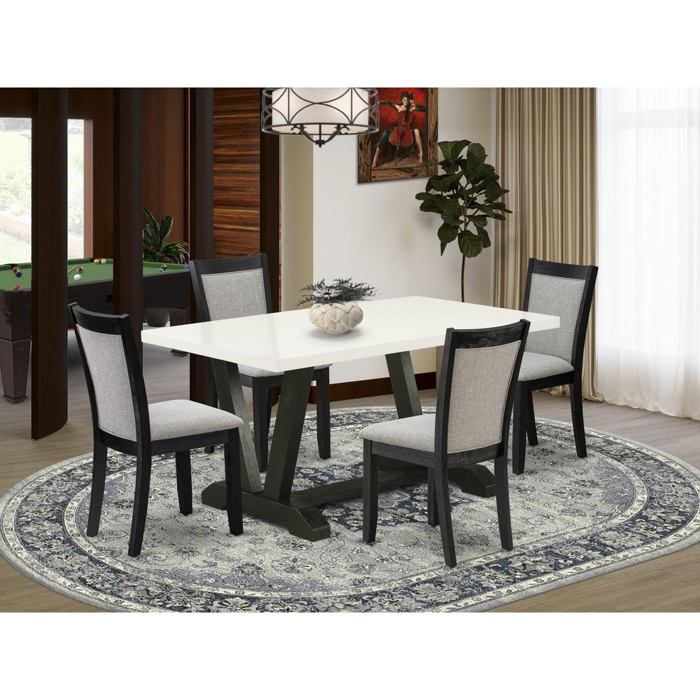 V626MZ606-5 5 Piece Table Set - Linen White Kitchen Table with 4 Shitake Linen Fabric Parson Chairs - Wire Brushed Black Finish. Picture 1