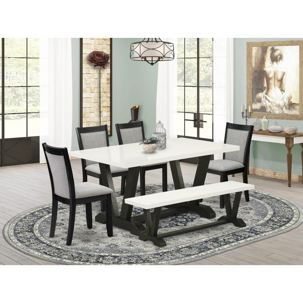 V626MZ606-6 6 Pc Dinette Set - Linen White Dining Table with a Small Wood Bench and 4 Shitake Chairs - Wire Brushed Black Finish. Picture 1