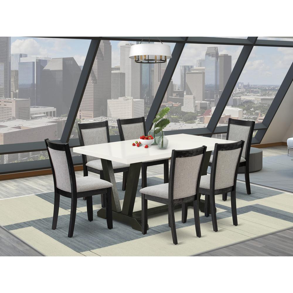 V626MZ606-7 7 Pc Dinner Table Set - Linen White Dining Table with 6 Shitake Wooden Dining Chairs - Wire Brushed Black Finish. Picture 1