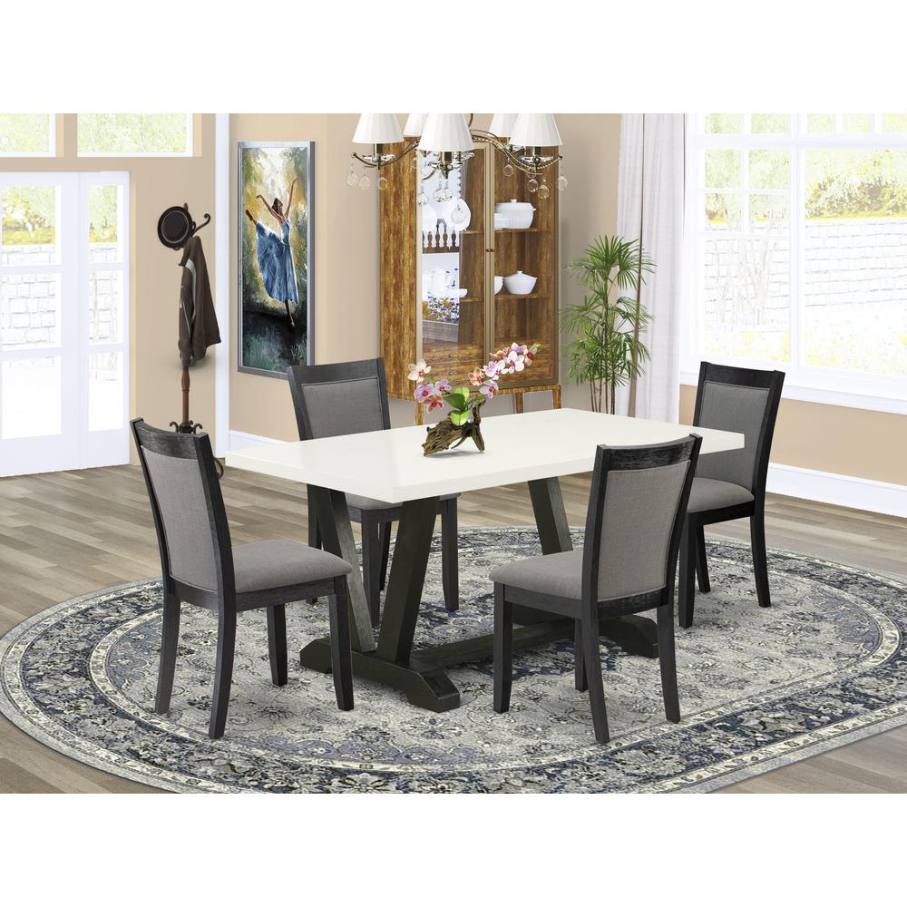 V626MZ650-5 5 Piece Dining Set - Linen White Table with 4 Dark Gotham Grey Linen Fabric dinning chairs - Wire Brushed Black Finish. Picture 1