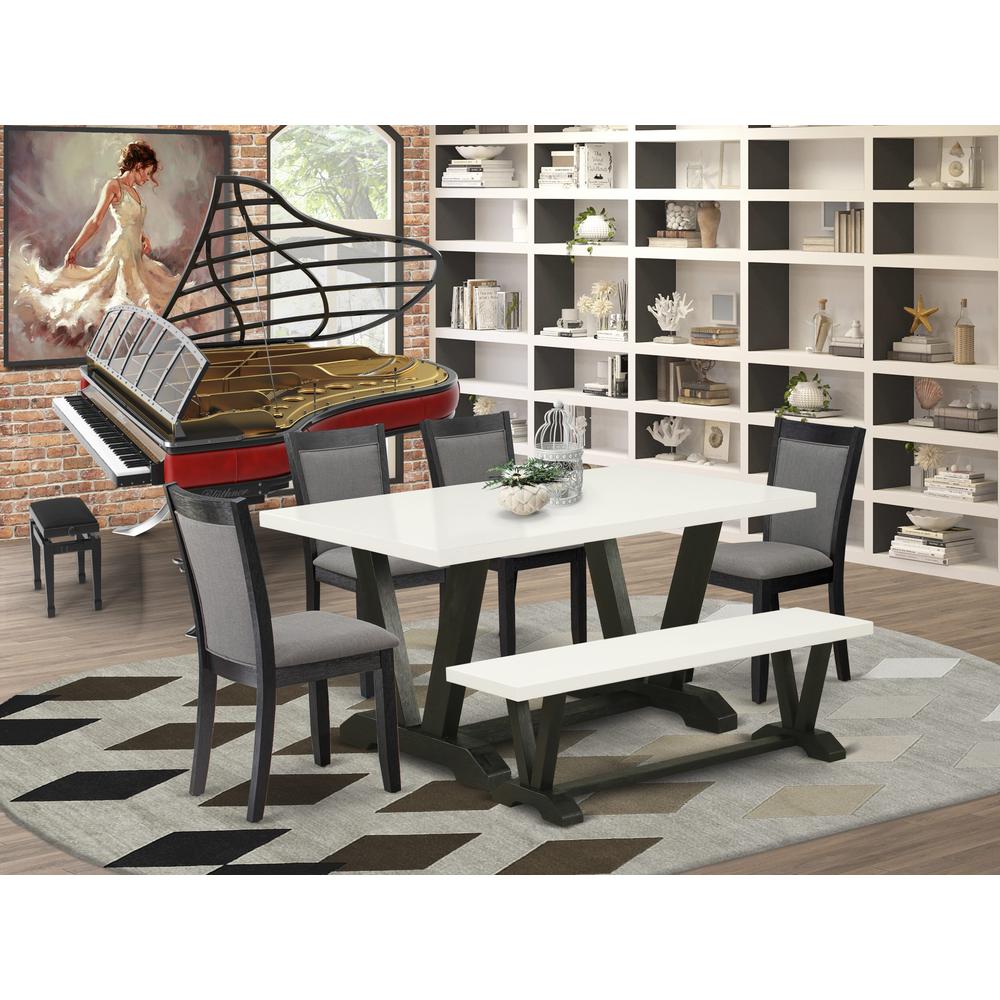 V626MZ650-6 6 Pc Dinette Set - Linen White Table with Dining Room Bench and 4 Dark Gotham Grey Chairs - Wire Brushed Black Finish. Picture 1