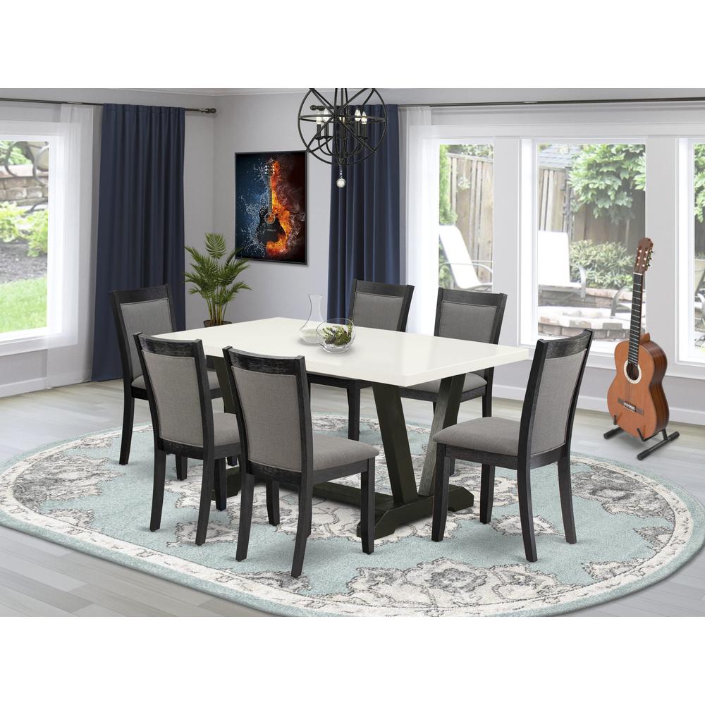 V626MZ650-7 7 Pc Table Set - Linen White Dinner Table with 6 Dark Gotham Grey Parson Chairs - Wire Brushed Black Finish. Picture 1