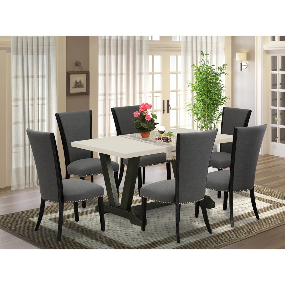 East West Furniture 7 Piece Dining Room Table Set Consists of a Linen White Wooden Table and 6 Dark Gotham Grey Linen Fabric Dining Chairs with High Back - Wire Brushed Black Finish. Picture 1