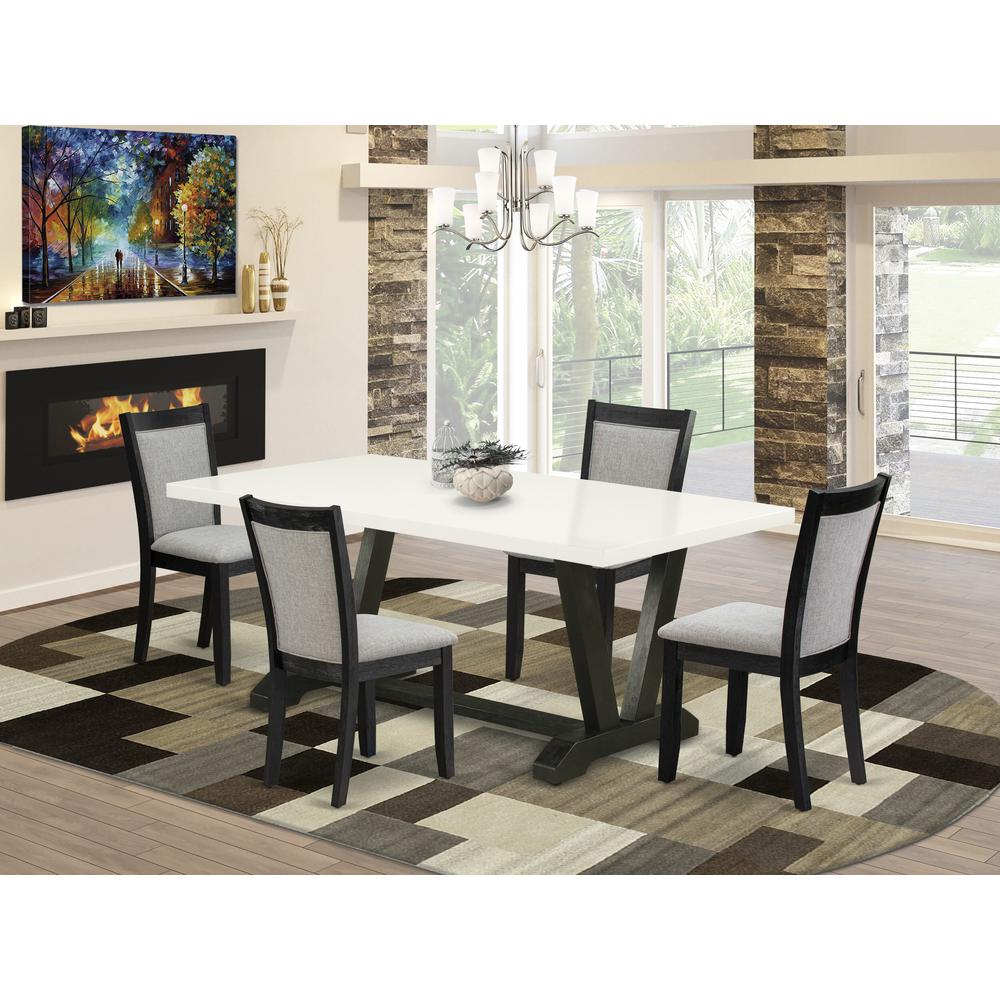 V627MZ606-5 5 Pc Dining Table Set - Linen White Dining Table with 4 Shitake Linen Fabric Parson Chairs - Wire Brushed Black Finish. Picture 1