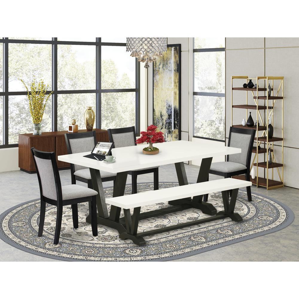 V627MZ606-6 6 Pc Kitchen Table Set - Linen White Table with Bench and 4 Shitake Dining Chairs - Wire Brushed Black Finish. Picture 1