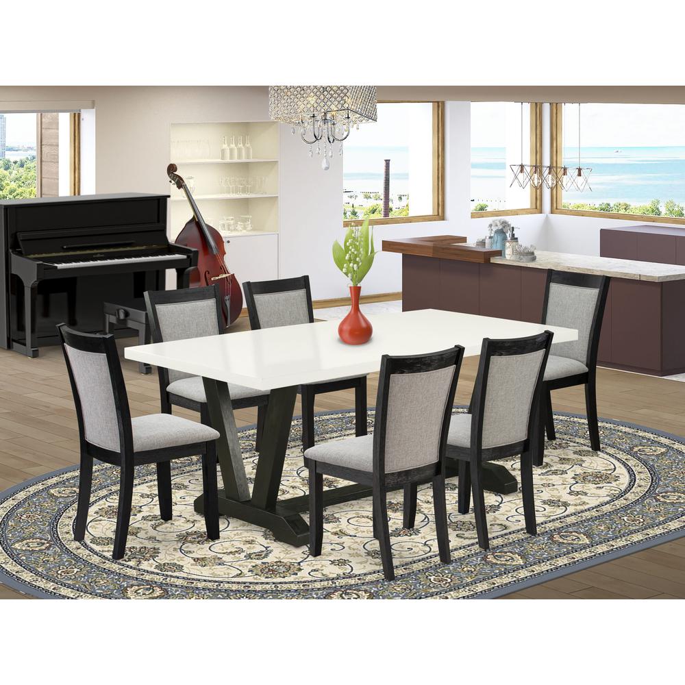 V627MZ606-7 7 Pc Dining Room Set - Linen White Dining Table with 6 Shitake Dining Chairs - Wire Brushed Black Finish. Picture 1