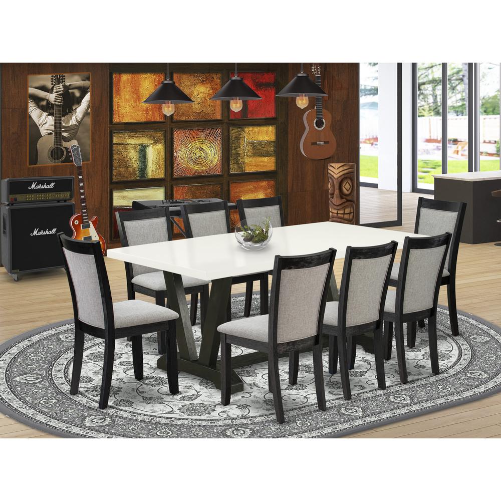 V627MZ606-9 9 Pc Dining Set - Linen White Dining Table with 8 Shitake Dining Room Chairs - Wire Brushed Black Finish. Picture 1
