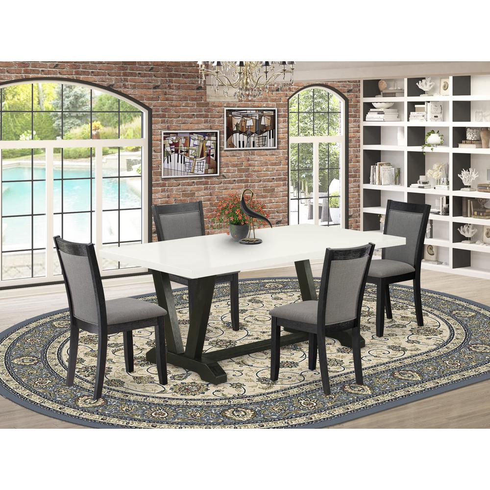 V627MZ650-5 5 Pc Table Set - Linen White Dining Table with 4 Dark Gotham Grey Linen Fabric Chairs - Wire Brushed Black Finish. Picture 1