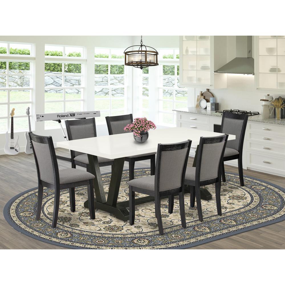 V627MZ650-7 7 Piece Kitchen Table Set - Linen White Dinner Table with 6 Dark Gotham Grey Dining Chairs - Wire Brushed Black Finish. Picture 1