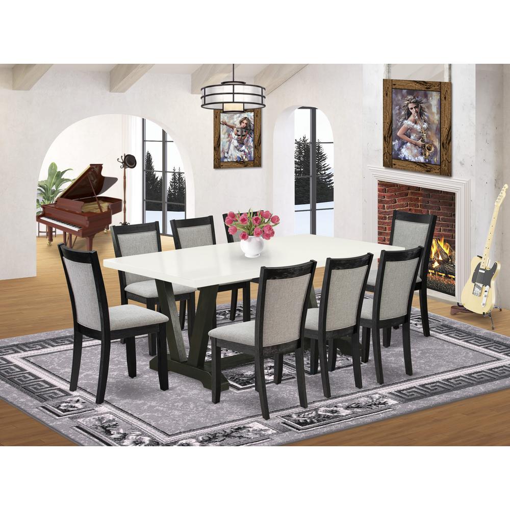V627MZ650-9 9 Pc Table Set - Linen White Dinner Table with 8 Dark Gotham Grey Dinning Chairs - Wire Brushed Black Finish. Picture 1