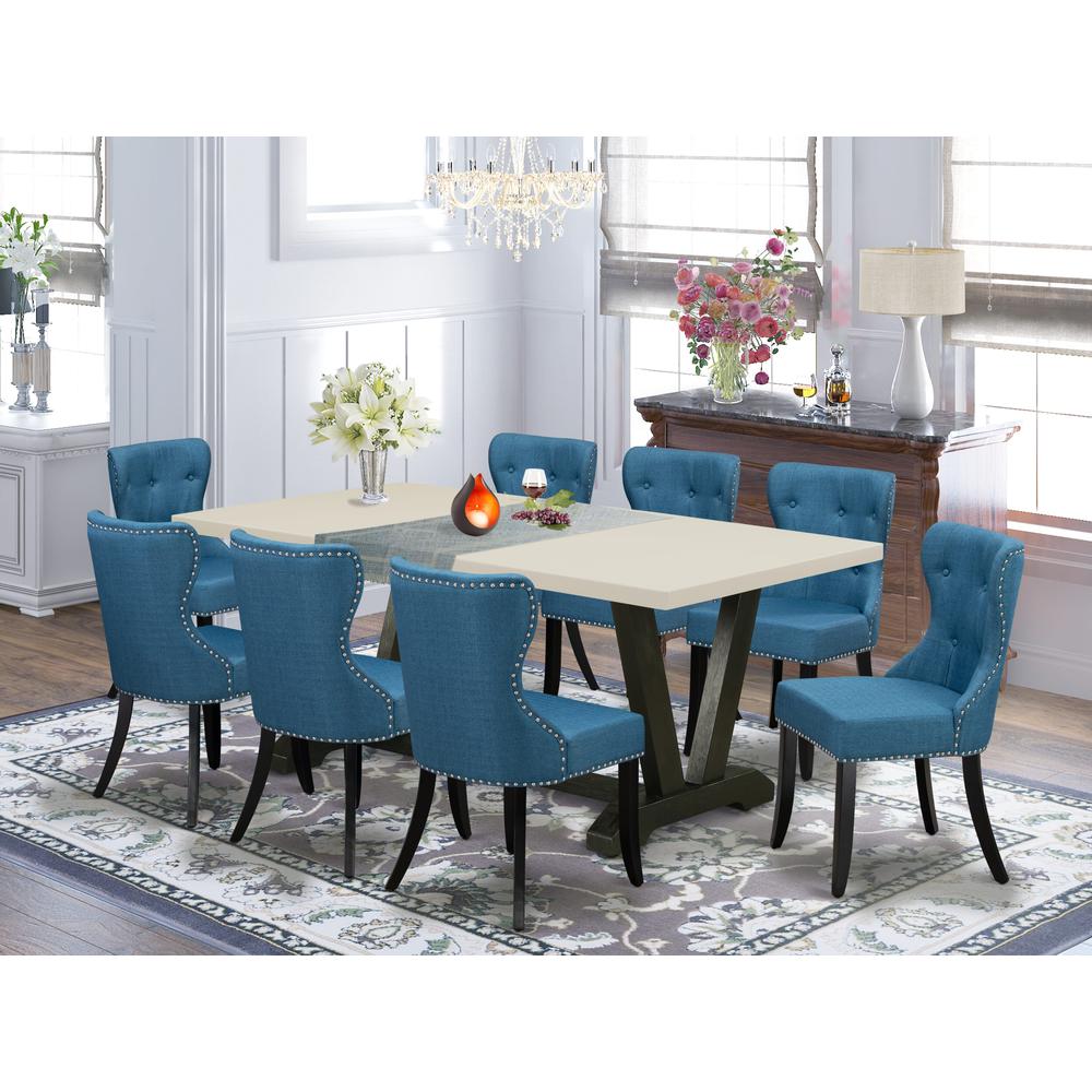 East West Furniture 9-Piece Dinette Room Set- 8 Parson dining room chairs with Blue Linen Fabric Seat and Button Tufted Chair Back - Rectangular Table top & Wooden Legs - Linen White and Black Finish. Picture 1