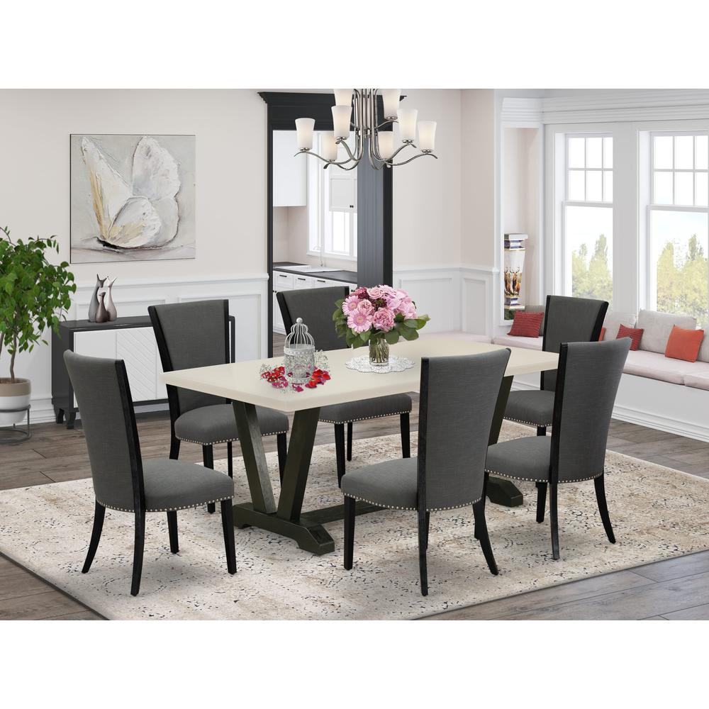 East West Furniture 7 Piece Modern Dining Set Consists of a Linen White Dinning Table and 6 Dark Gotham Grey Linen Fabric Parson Chairs with High Back - Wire Brushed Black Finish. Picture 1