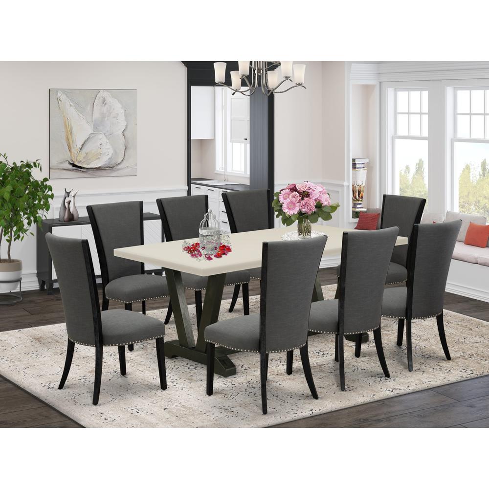 East West Furniture 9 Piece Dining Room Table Set Includes a Linen White Dining Room Table and 8 Dark Gotham Grey Linen Fabric Dining Chairs with High Back - Wire Brushed Black Finish. Picture 1