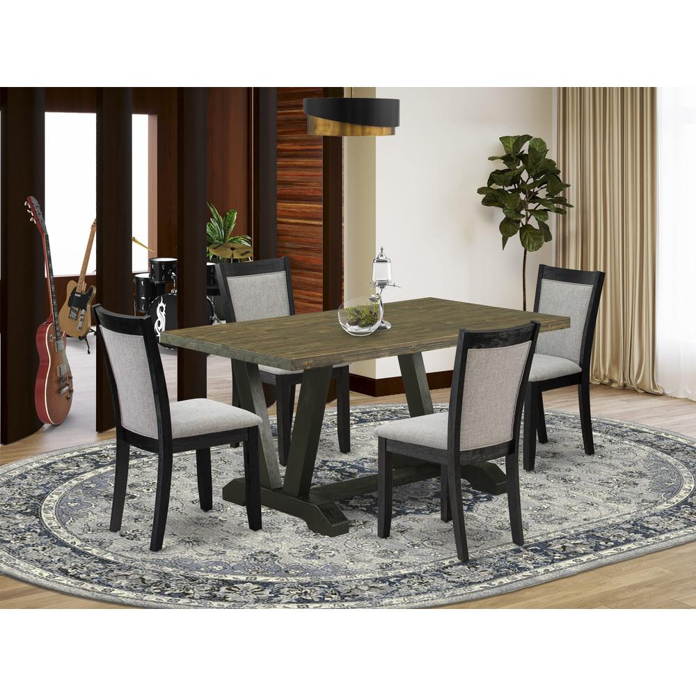 V676MZ606-5 5 Piece Kitchen Table Set - Distressed Jacobean Dining Room Table with 4 Shitake Chairs - Wire Brushed Black Finish. Picture 1