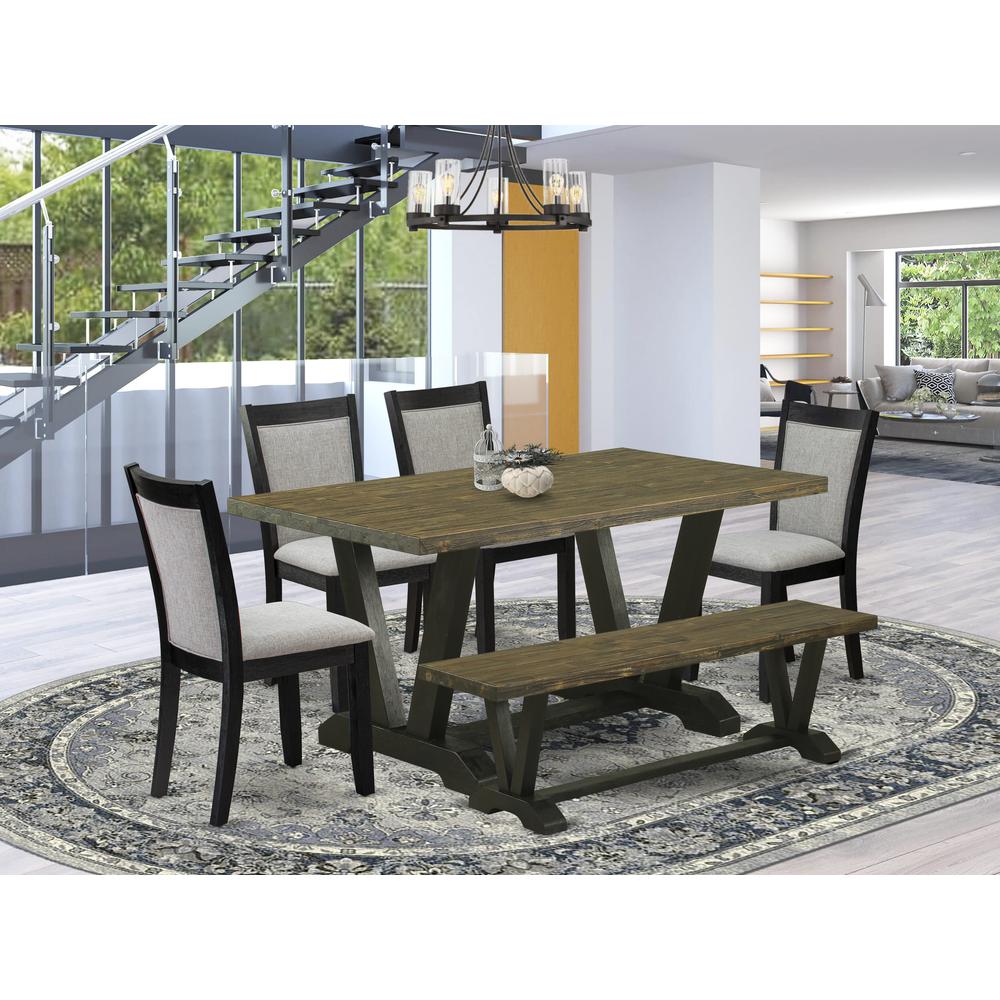 V676MZ606-6 6 Pc Dining Table Set - Distressed Jacobean Dinner Table with a Bench and 4 Shitake Chairs - Wire Brushed Black Finish. Picture 1