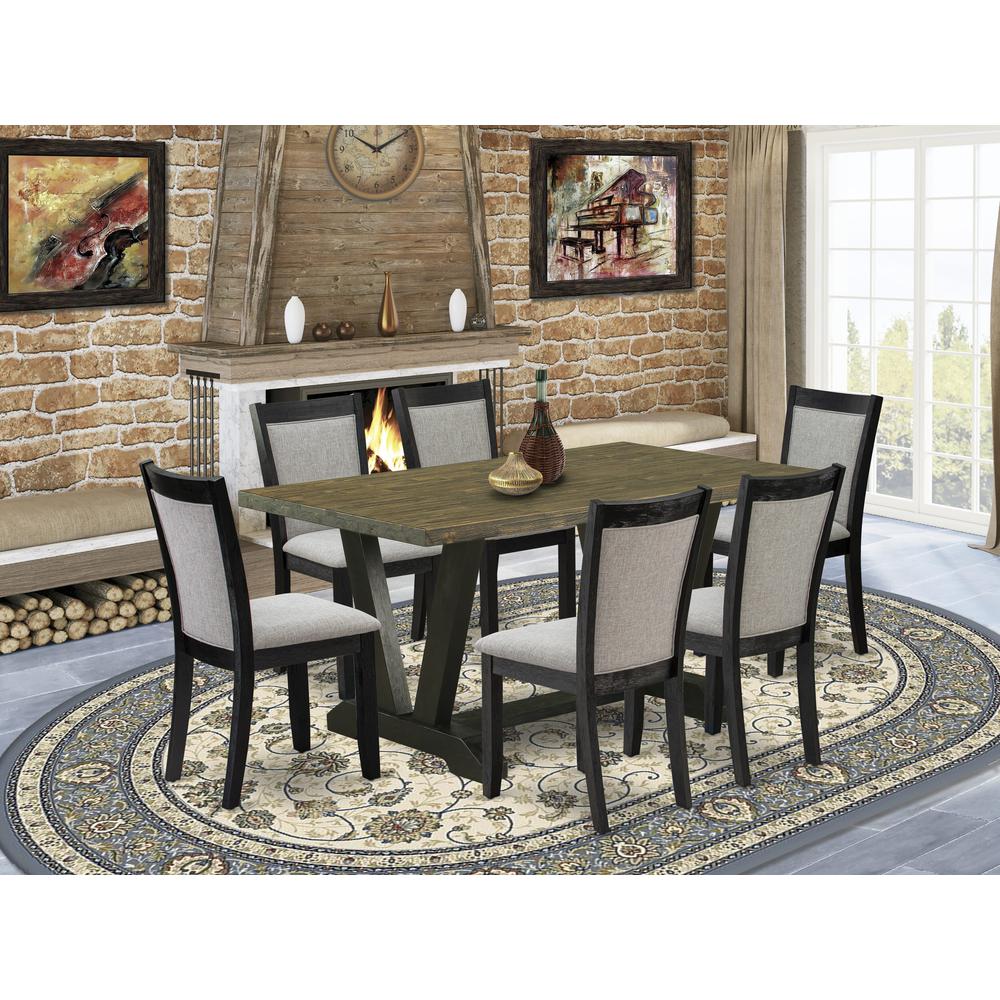 V676MZ606-7 7 Pc Dinette Set - Distressed Jacobean Wood Table with 6 Shitake Kitchen Chairs - Wire Brushed Black Finish. Picture 1