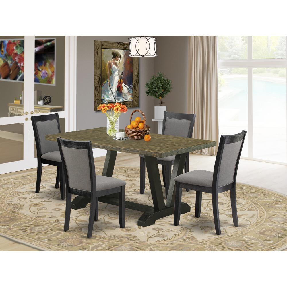 V676MZ650-5 5 Piece Dining Set - Distressed Jacobean Table with 4 Dark Gotham Grey Linen Fabric Chairs - Wire Brushed Black Finish. Picture 1