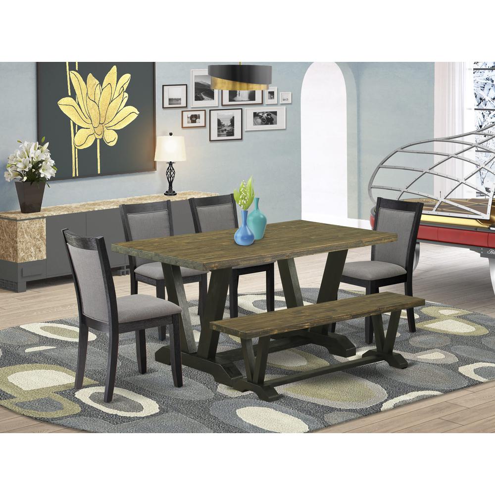 V676MZ650-6 6 Pc Dining Set - Distressed Jacobean Table with Bench and 4 Dark Gotham Grey Chairs - Wire Brushed Black Finish. Picture 1