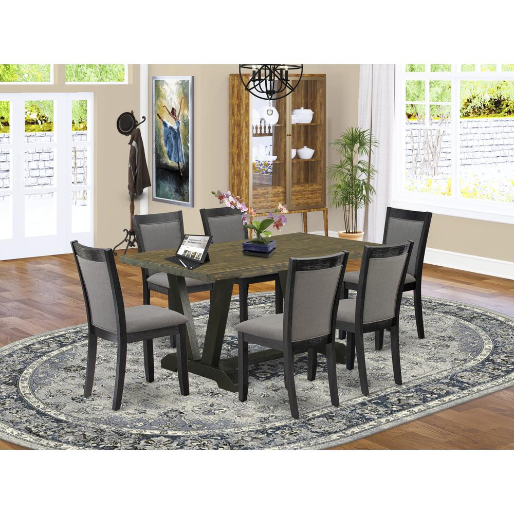 V676MZ650-7 7 Pc Dinette Set - Distressed Jacobean Table with 6 Dark Gotham Grey Linen Fabric Chairs - Wire Brushed Black Finish. Picture 1