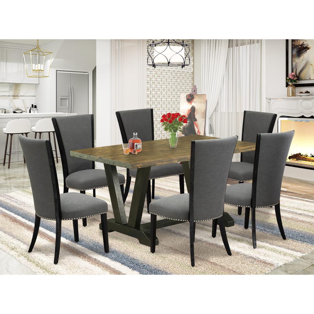 East West Furniture 7 Piece Dining Set Contains a Distressed Jacobean Wooden Dining Table and 6 Dark Gotham Grey Linen Fabric Dining Chairs with High Back - Wire Brushed Black Finish. Picture 1