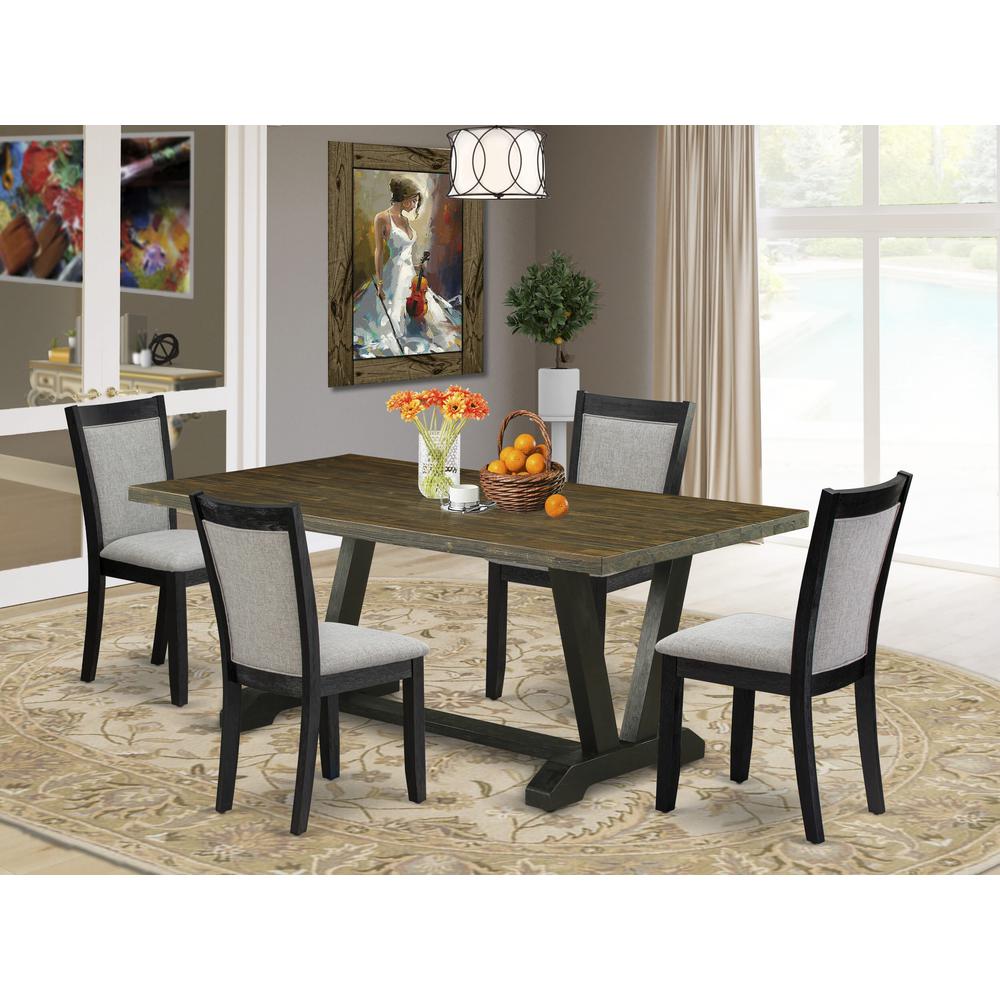 East West Furniture 5 Piece Kitchen Dining Table Set - A Distressed Jacobean Top Wood Table with Trestle Base and 4 Shitake Linen Fabric Modern Dining Chairs - Wire Brushed Black Finish. Picture 1