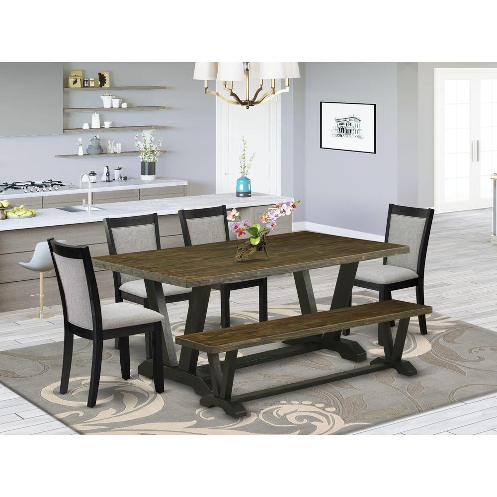 East West Furniture 6 Pc Dining Table Set - Distressed Jacobean Top Dinner Table with a Bench and 4 Shitake Linen Fabric Parson Chairs - Wire Brushed Black Finish. Picture 1