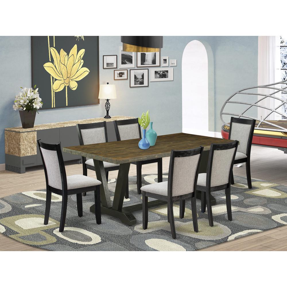 East West Furniture 7 Piece Mid Century Dining Set - Distressed Jacobean Top Dining Room Table with Trestle Base and 6 Shitake Linen Fabric Dining Chairs - Wire Brushed Black Finish. Picture 1