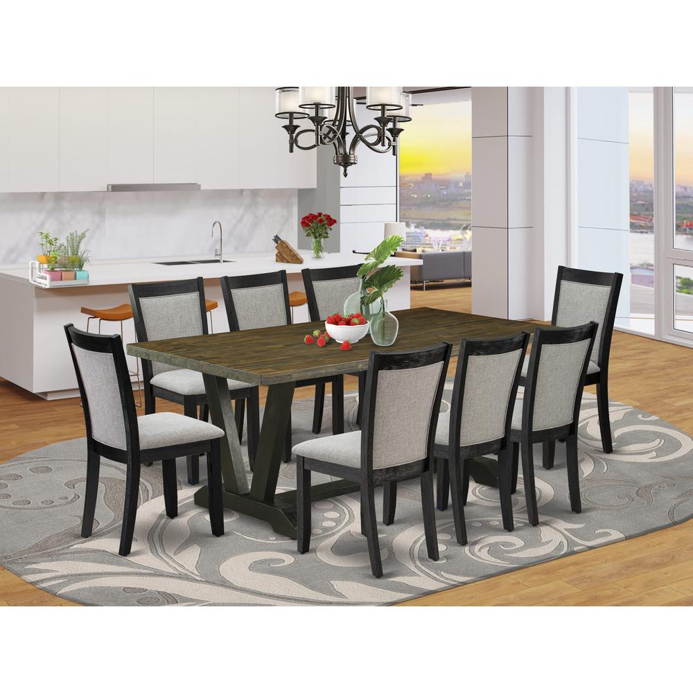 East West Furniture 9 Piece Kitchen Table Set - A Distressed Jacobean Top Wood Table with Trestle Base and 8 Shitake Linen Fabric Modern Dining Chairs - Wire Brushed Black Finish. Picture 1
