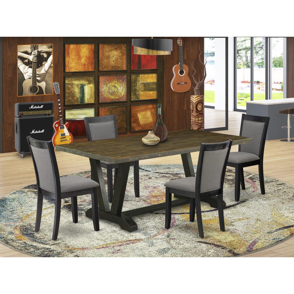 East West Furniture 5 Pc Dinner Table Set - Distressed Jacobean Top Dining Table with Trestle Base and 4 Dark Gotham Grey Linen Fabric Parson Chairs - Wire Brushed Black Finish. Picture 1