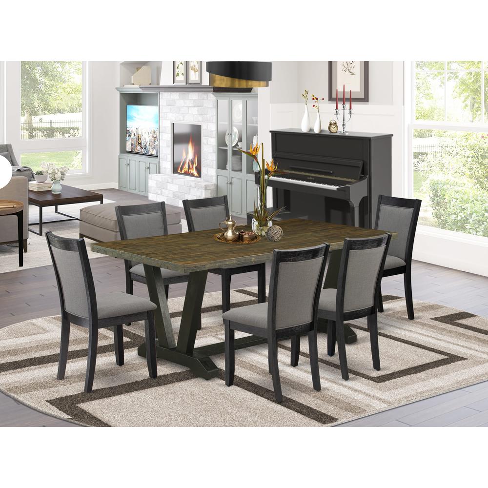 East West Furniture 7 Pc Dining Table Set - Distressed Jacobean Top Dining Table with Trestle Base and 6 Dark Gotham Grey Linen Fabric Dining Chairs - Wire Brushed Black Finish. Picture 1