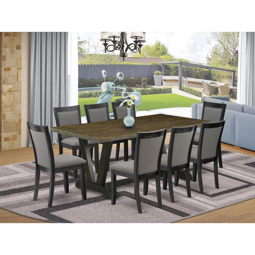 East West Furniture 9 Piece Table Set - Distressed Jacobean Top Wood Table with Trestle Base and 8 Dark Gotham Grey Linen Fabric Parson Chairs - Wire Brushed Black Finish. Picture 1