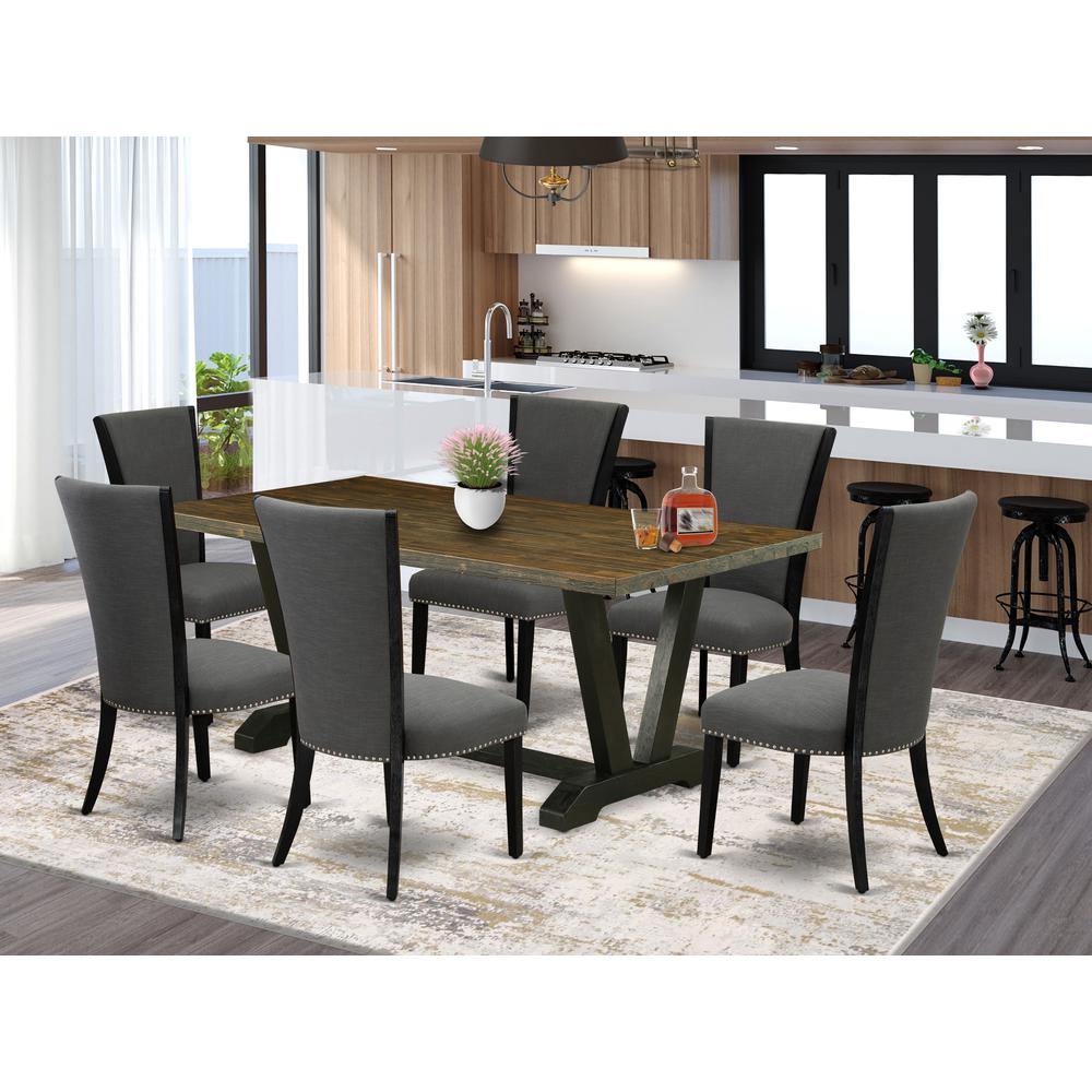 East West Furniture 7 Piece Dining Set Contains a Distressed Jacobean Dining Room Table and 6 Dark Gotham Grey Linen Fabric Parsons Chairs with High Back - Wire Brushed Black Finish. Picture 1
