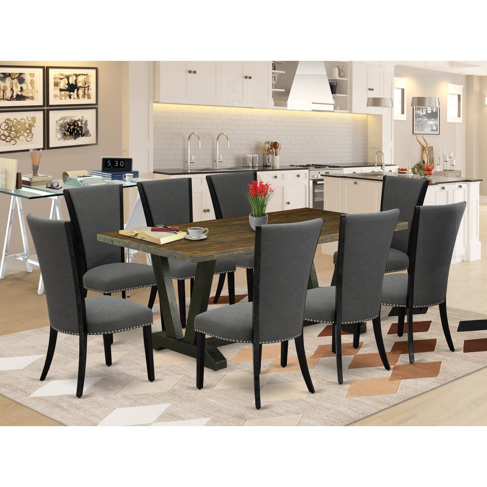 East West Furniture 9 Pc Kitchen Table Set Contains a Distressed Jacobean Dining Table and 8 Dark Gotham Grey Linen Fabric Dining Chairs with High Back - Wire Brushed Black Finish. Picture 1