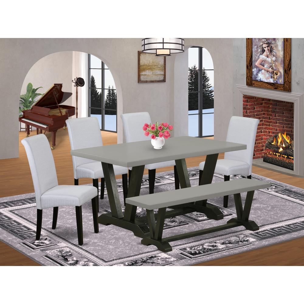 East West Furniture 6 Piece Dining Room Table Set Includes a Cement Dining Table and a Dining Room Bench, 4 Grey Linen Fabric Parsons Chairs with High Back - Wire Brushed Black Finish. Picture 1