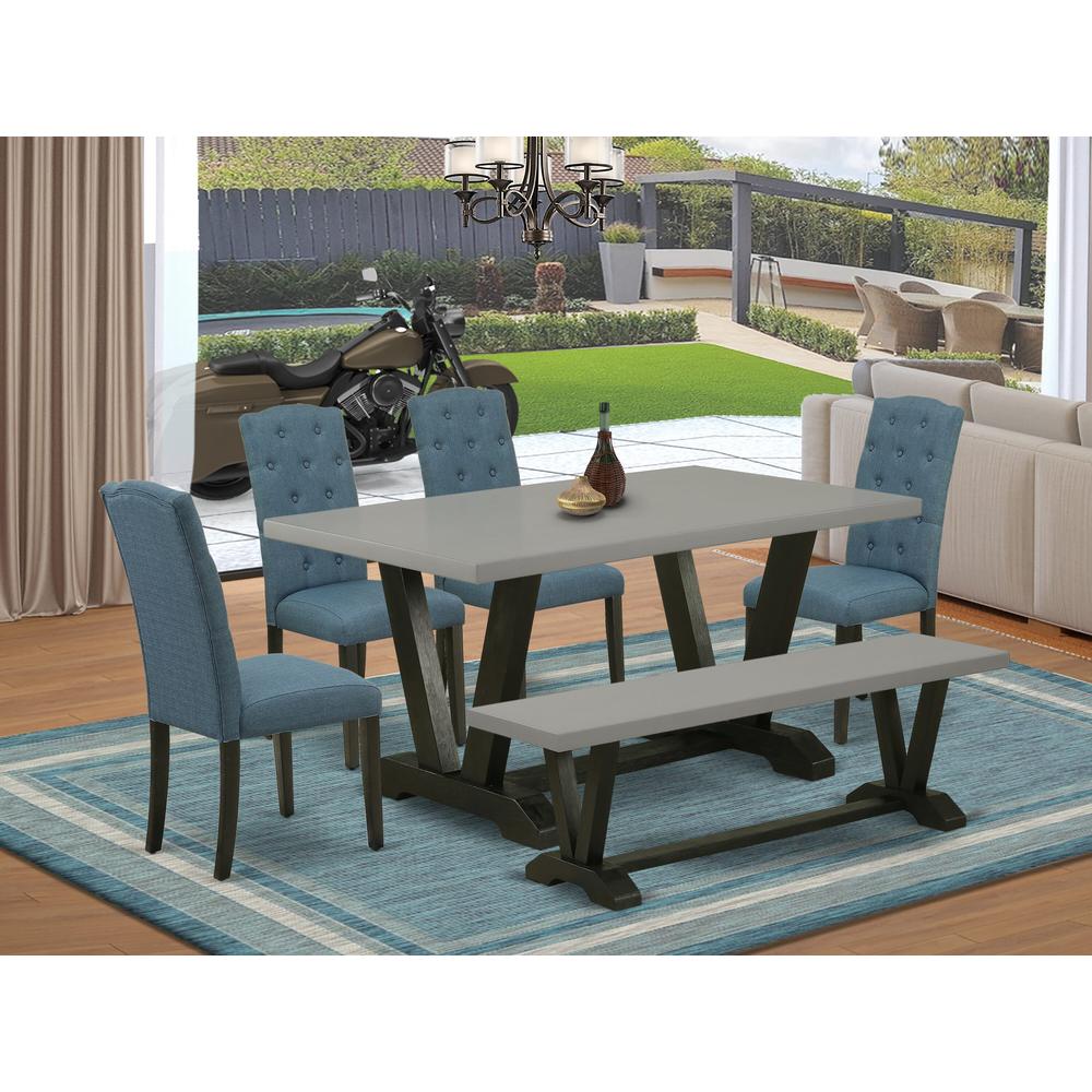East West Furniture 6 Pc Table Set Consists of a Cement Kitchen Table and a Dining Room Bench, 4 Blue Linen Fabric Modern Dining Chairs with Button Tufted Back - Wire Brushed Black Finish. Picture 1