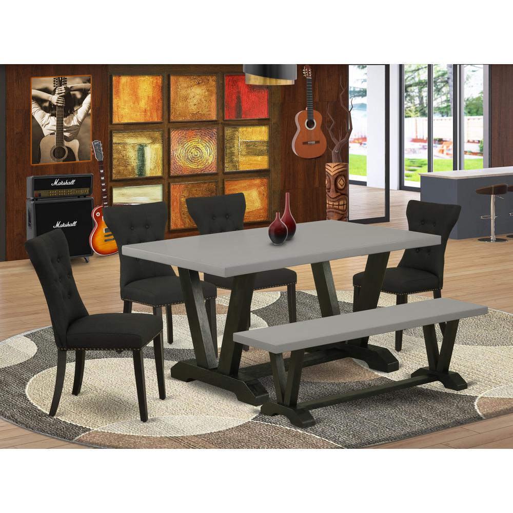 East West Furniture 6 Pc Dining Room Set Contains a Cement Rectangular Table and a Modern Bench, 4 Black Linen Fabric Dining Chairs with Button Tufted Back - Wire Brushed Black Finish. Picture 1