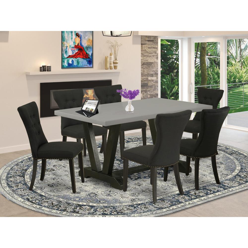 East West Furniture 7 Piece Dining Room Table Set Consists of a Cement Wood Dining Table and 6 Black Linen Fabric Modern Dining Chairs with Button Tufted Back - Wire Brushed Black Finish. Picture 1